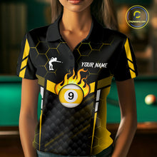 Load image into Gallery viewer, Personalized Yellow 9 Ball Flame Billiard Polo &amp; Quarter Zip For Women, 9 Ball Pool Team Jersey TDM6127