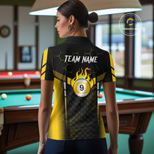 Load image into Gallery viewer, Personalized Yellow 9 Ball Flame Billiard Polo &amp; Quarter Zip For Women, 9 Ball Pool Team Jersey TDM6127