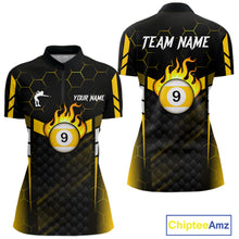 Load image into Gallery viewer, Personalized Yellow 9 Ball Flame Billiard Polo &amp; Quarter Zip For Women, 9 Ball Pool Team Jersey TDM6127