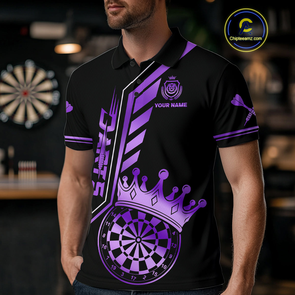 Black And Purple Funny Crown Darts Shirt Polo & 1/4 Zip For Men Custom Darts League Team Jersey TDM4822