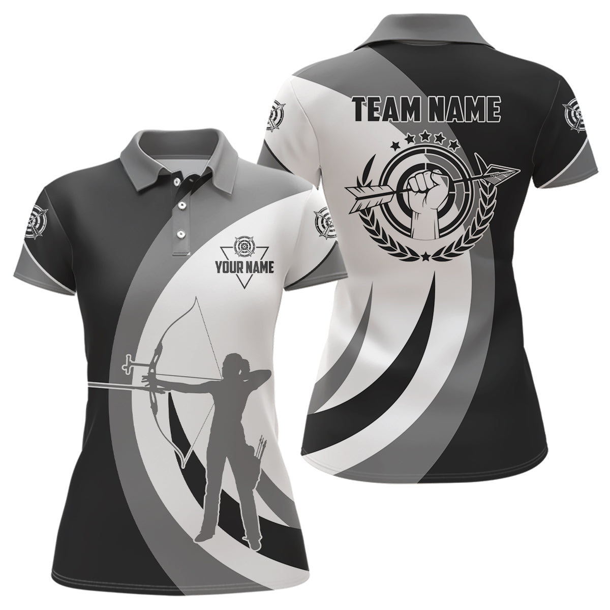 Grey Black Silhouette Player Custom Archery Polo Shirts For Women, Archery Jerseys Uniform For Team TDM0608