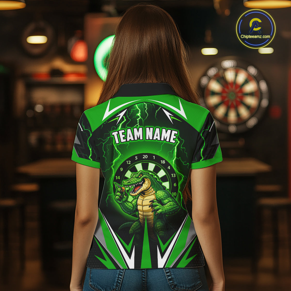 Green Funny Alligator Darts Shirt For Women Custom Lightning Darts Team Jersey Polo & 1/4 Zip TDM5966
