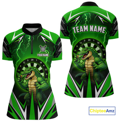 Green Funny Alligator Darts Shirt For Women Custom Lightning Darts Team Jersey Polo & 1/4 Zip TDM5966
