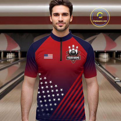 American Flag Bowling Jersey For Men Custom Patriotic Bowling Shirt Team Polo & 1/4 Zip |Red TDM5970