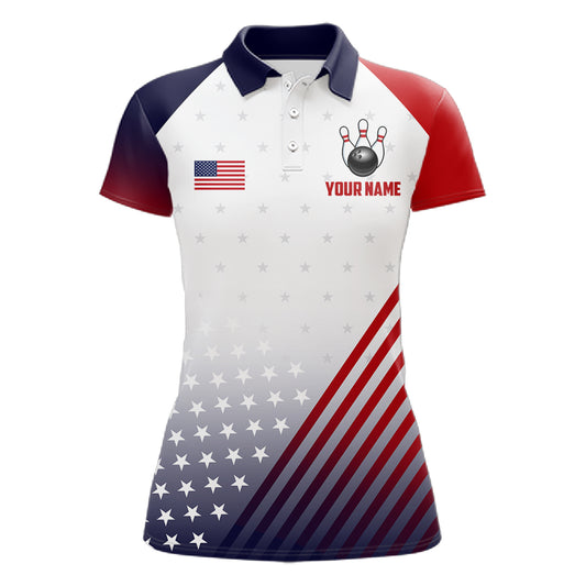 American Flag Bowling Jersey For Women Custom Patriotic Bowling Shirt Team Polo & 1/4 Zip |White TDM5971