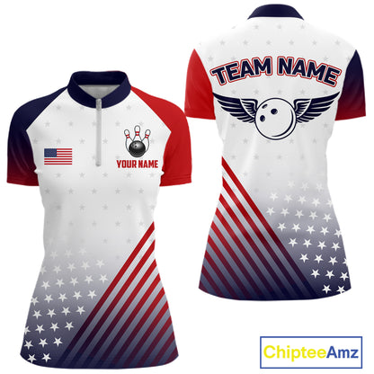 American Flag Bowling Jersey For Women Custom Patriotic Bowling Shirt Team Polo & 1/4 Zip |White TDM5971