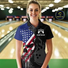 Load image into Gallery viewer, Custom Grunge American Flag Skull Bowling Shirt For Women, Patriotic Bowling Jersey Polo &amp; 1/4 Zip  TDM4636