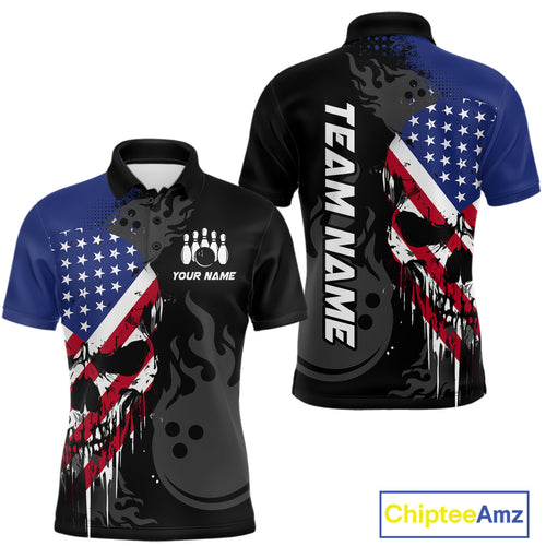 Custom Grunge American Flag Skull Bowling Shirt For Men, Patriotic Bowling Jersey Polo & 1/4 Zip  TDM4636