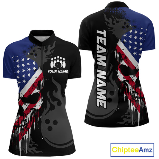 Custom Grunge American Flag Skull Bowling Shirt For Women, Patriotic Bowling Jersey Polo & 1/4 Zip  TDM4636
