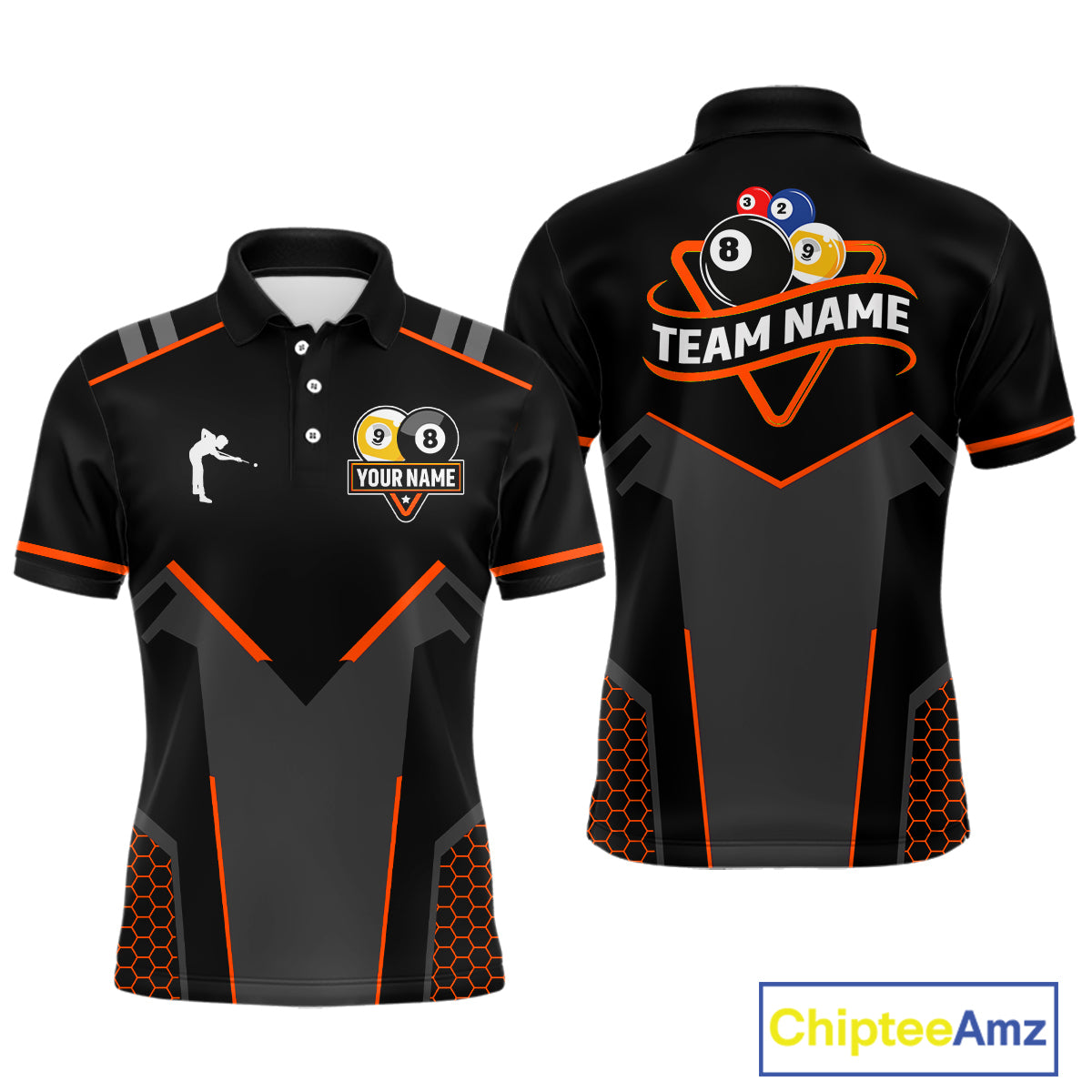 Personalized 8&9 Ball Pool Billiard Polo, 1/4 Zip For Men Custom Team Billiard Jersey|Orange TDM4049