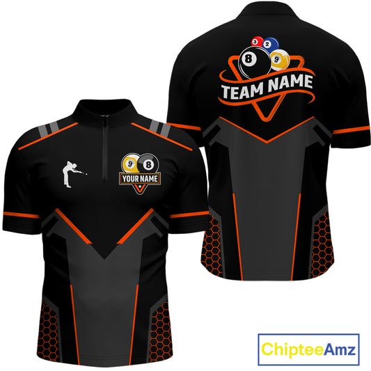 Personalized 8&9 Ball Pool Billiard Polo, 1/4 Zip For Men Custom Team Billiard Jersey|Orange TDM4049