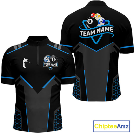 Personalized 8 Ball & 10 Ball Pool Billiard Polo, 1/4 Zip For Men Custom Team Billiard Jersey  TDM4050