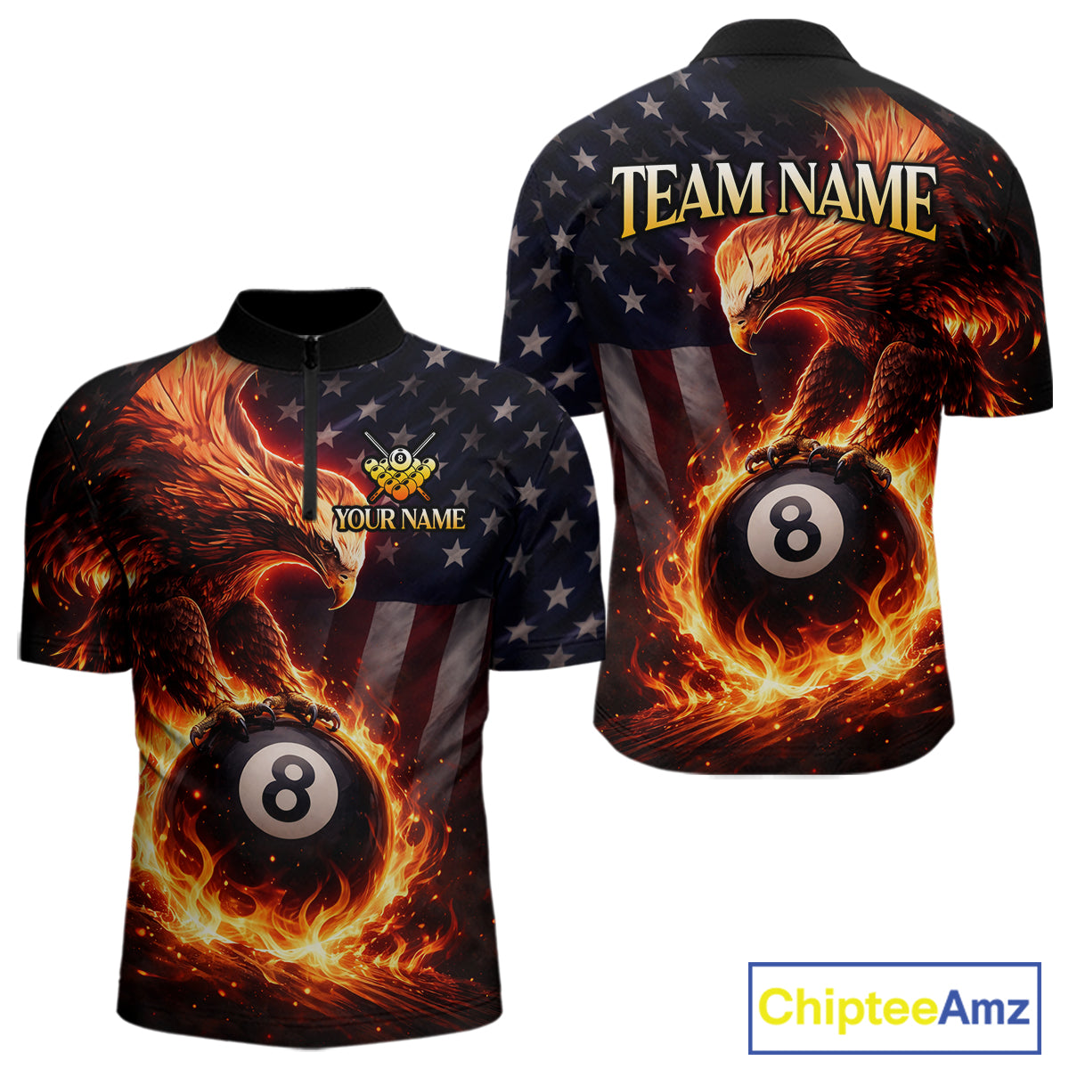 American Flag Flame 8 Ball Eagle Billiard Shirt For Men Custom Pool Team Shirt, Billiard Jersey TDM5787
