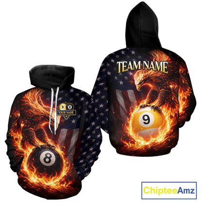 American Flag Flame 8 Ball & 9 Ball Eagle Billiard Hoodie For Men Women Custom Pool Hoodie Jersey TDM5789