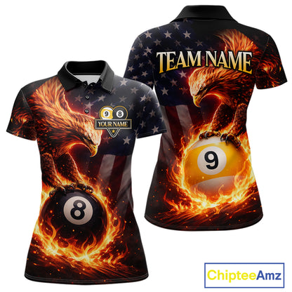 American Flag Flame 8 Ball & 9 Ball Eagle Billiard Shirt For Women Custom Patriotic Pool Team Jersey TDM5789