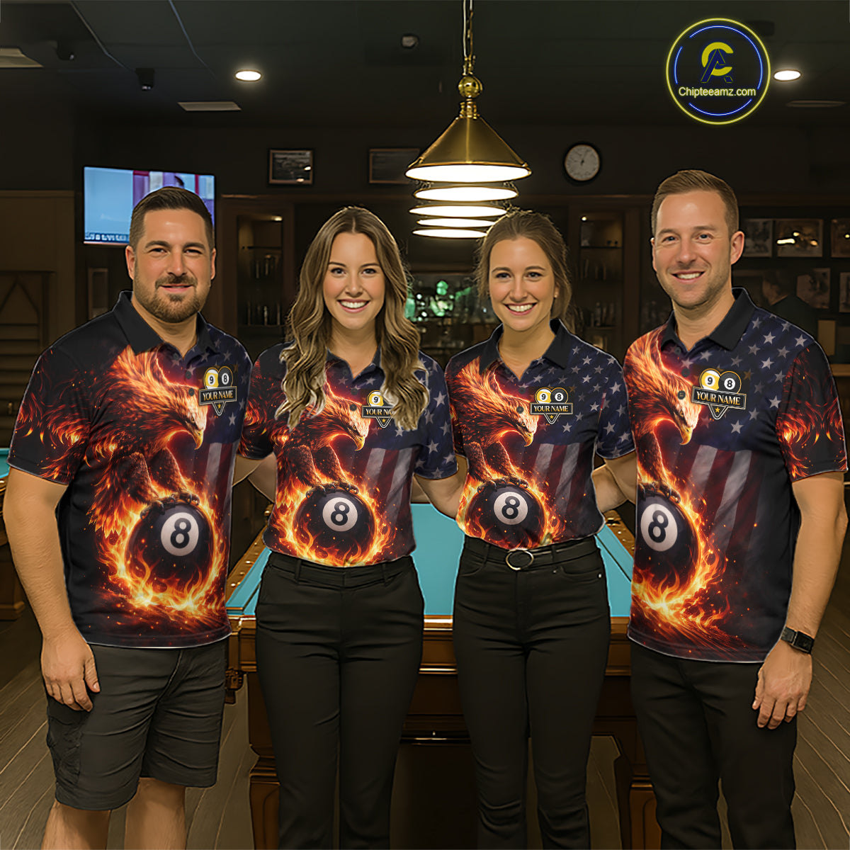 American Flag Flame 8 Ball & 9 Ball Eagle Billiard Shirt For Men Custom Patriotic Pool Team Jersey TDM5789