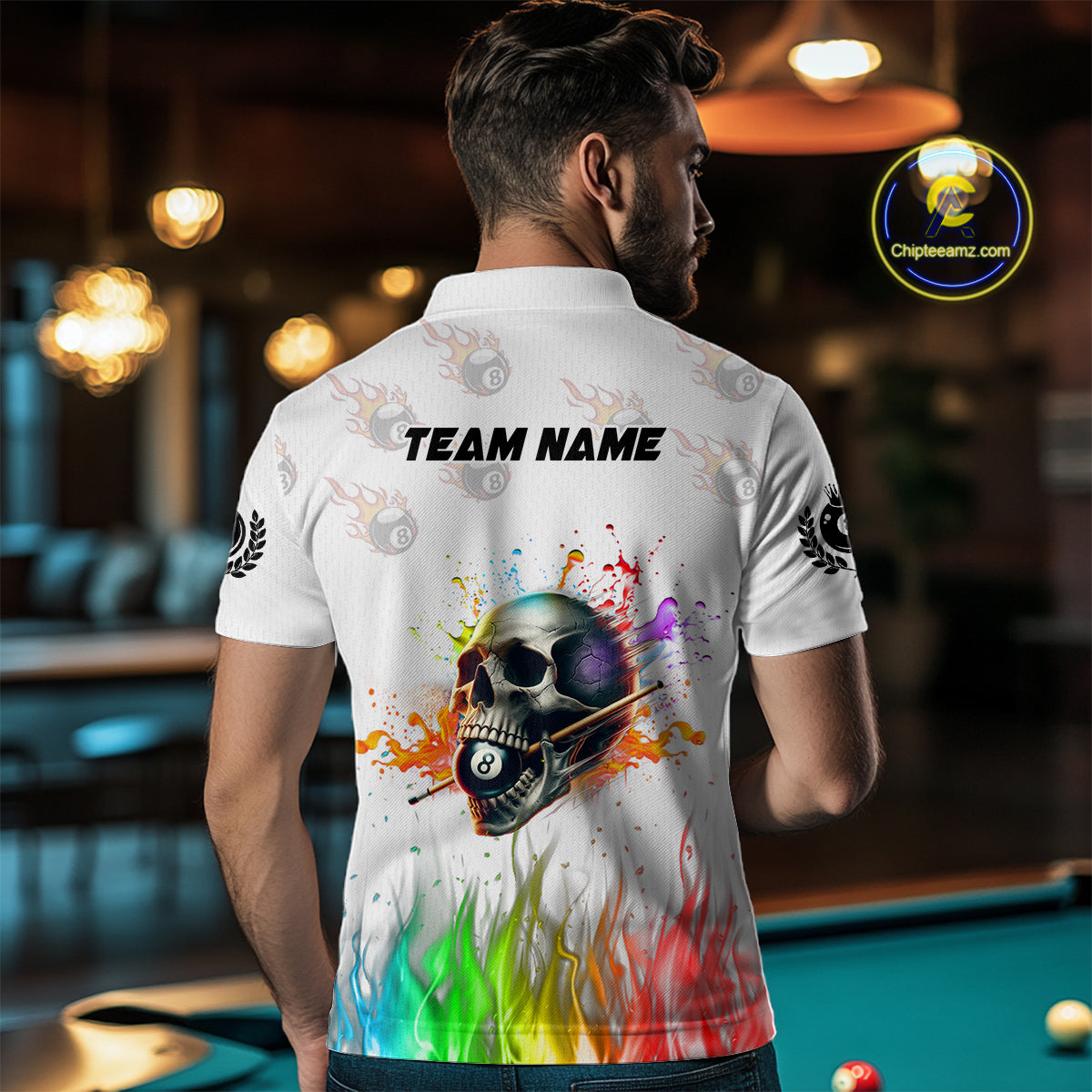 Funny Colorful Billiard Skull Personalized Men Polo Shirts, Custom Team Name Billiard Attire TDM1124