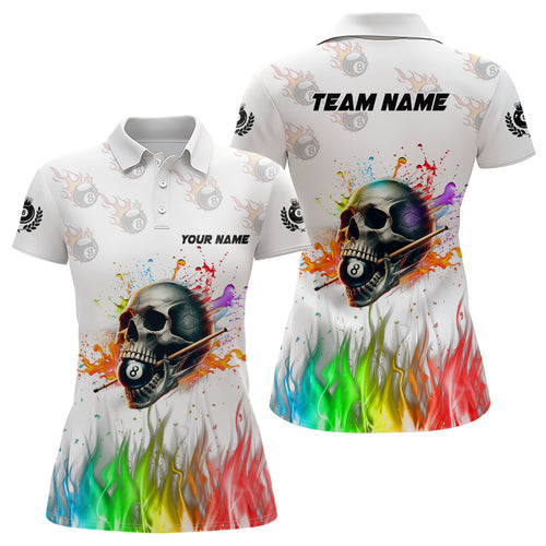 Funny Colorful Billiard Skull Personalized Women Polo Shirts, Custom Team Name Billiard Attire TDM1124