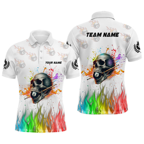 Funny Colorful Billiard Skull Personalized Men Polo Shirts, Custom Team Name Billiard Attire TDM1124