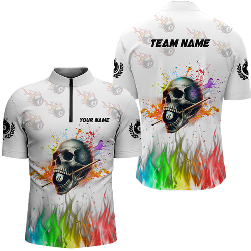 Funny Billiard Colorful Skull Personalized Men Quarter-Zip Shirts Billiard Attire For Team TDM1124