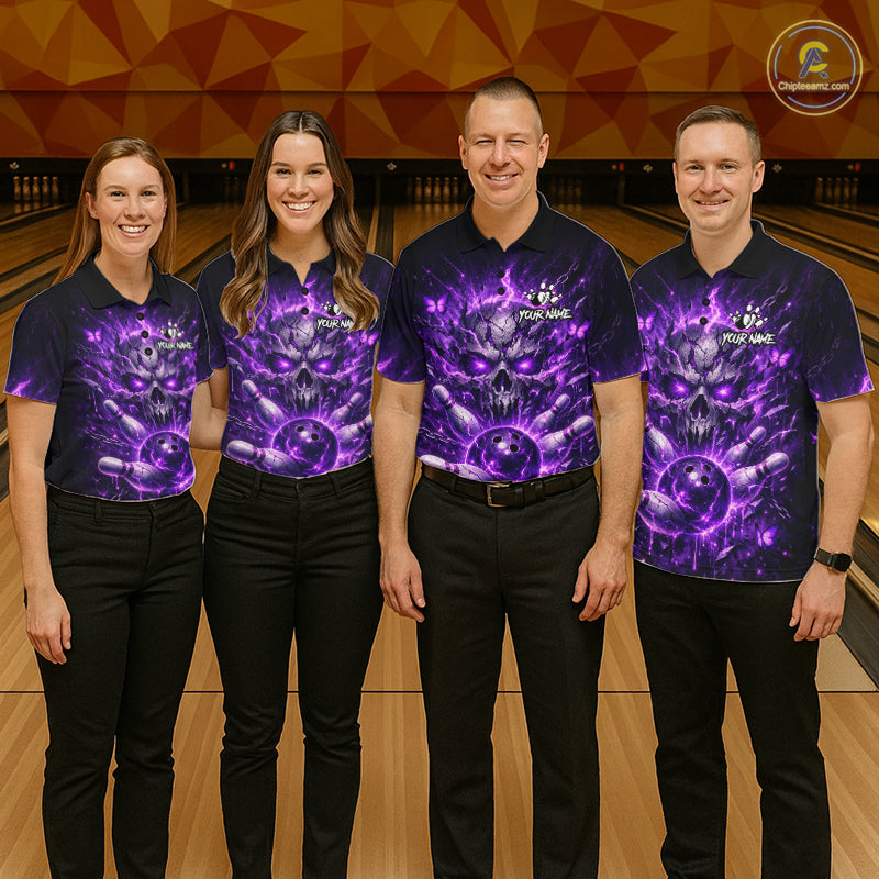 Personalized Purple Butterfly Skull Bowling Shirt For Women Custom Bowling Jersey Polo & 1/4 Zip TDM6383