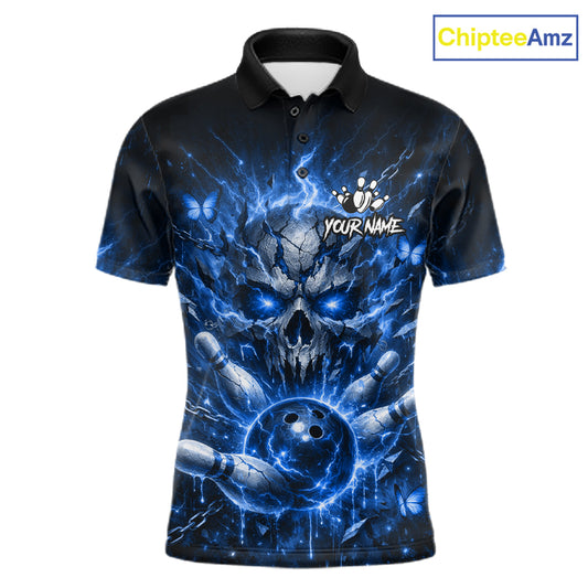 Personalized Blue Butterfly Skull Bowling Shirt For Men Custom Bowling Jersey Polo & 1/4 Zip TDM6384