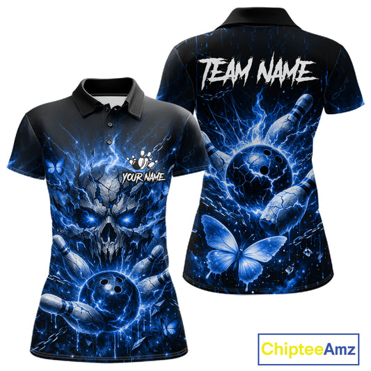 Personalized Blue Butterfly Skull Bowling Shirt For Women Custom Bowling Jersey Polo & 1/4 Zip TDM6384