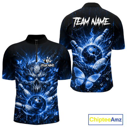 Personalized Blue Butterfly Skull Bowling Shirt For Men Custom Bowling Jersey Polo & 1/4 Zip TDM6384
