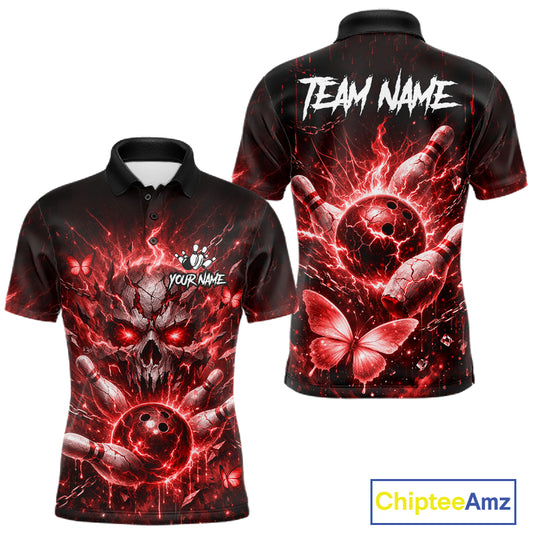 Personalized Red Butterfly Skull Bowling Shirt For Men Custom Bowling Jersey Polo & 1/4 Zip TDM6385