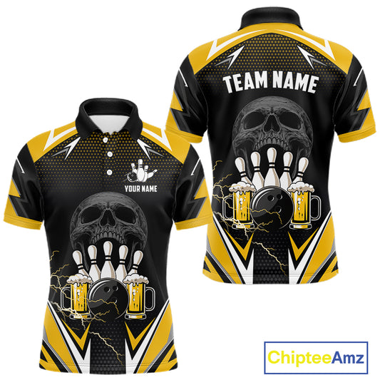 Yellow Black Funny Beer Skull Bowling Shirt For Men Custom Bowling Team Jersey Polo & 1/4 Zip TDM6388