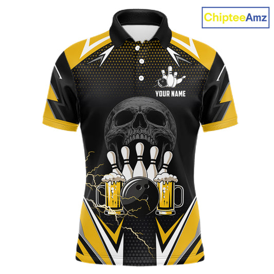 Yellow Black Funny Beer Skull Bowling Shirt For Men Custom Bowling Team Jersey Polo & 1/4 Zip TDM6388
