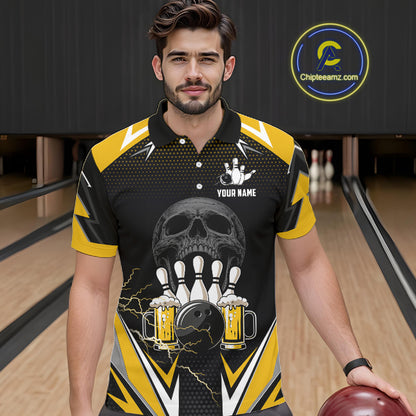 Yellow Black Funny Beer Skull Bowling Shirt For Men Custom Bowling Team Jersey Polo & 1/4 Zip TDM6388