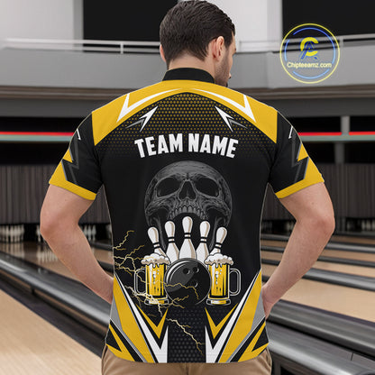 Yellow Black Funny Beer Skull Bowling Shirt For Men Custom Bowling Team Jersey Polo & 1/4 Zip TDM6388