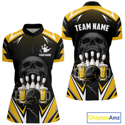 Yellow Black Funny Beer Skull Bowling Shirt For Women Custom Bowling Team Jersey Polo & 1/4 Zip TDM6388