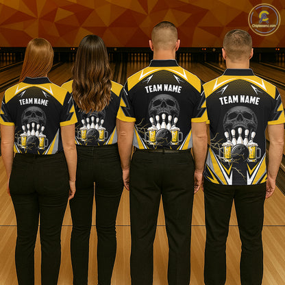 Yellow Black Funny Beer Skull Bowling Shirt For Women Custom Bowling Team Jersey Polo & 1/4 Zip TDM6388