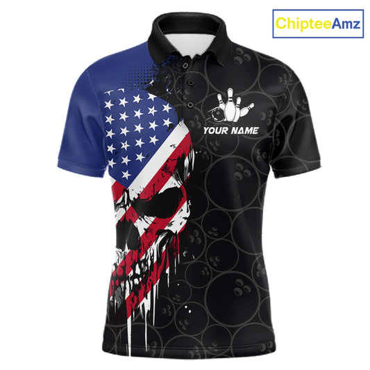 Custom American Flag Skull Bowling Jersey For Men, Patriotic Bowling Team Shirt Polo & 1/4 Zip TDM6389