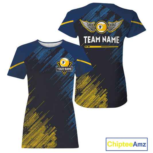 Personalized Blue Yellow 9 Ball Pool Wings Billiard T-Shirts, 9 Ball Billiard Team Jersey For Women TDM3776
