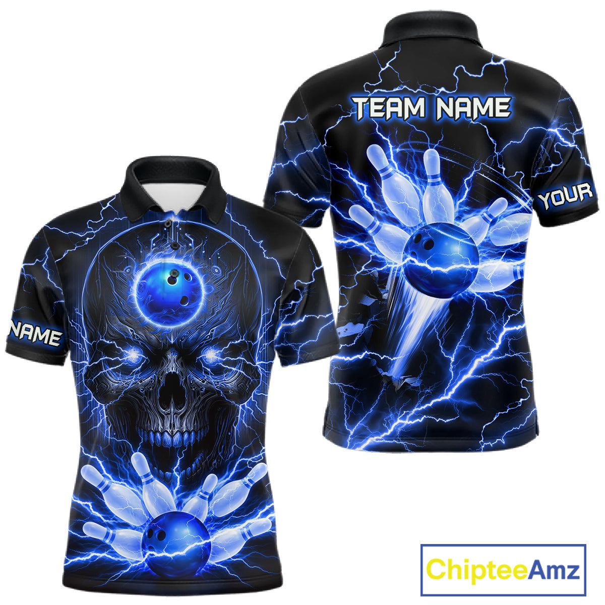 Personalized Lightning Skull Blue Bowling Shirt For Men, Bowling Team Jersey Polo & 1/4 Zip TDM6159