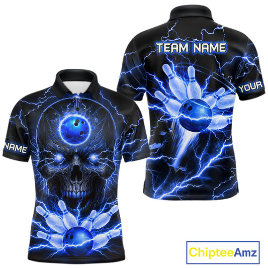 Personalized Lightning Skull Blue Bowling Shirt For Men, Bowling Team Jersey Polo & 1/4 Zip TDM6159