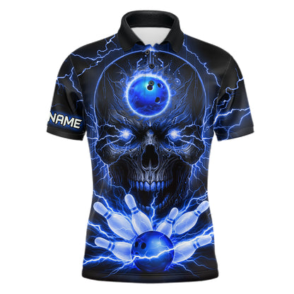 Personalized Lightning Skull Blue Bowling Shirt For Men, Bowling Team Jersey Polo & 1/4 Zip TDM6159