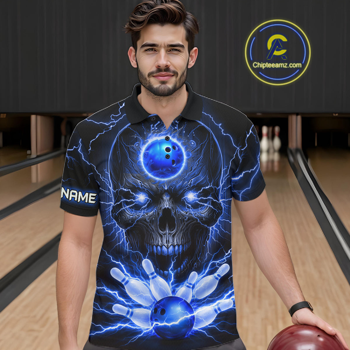 Personalized Lightning Skull Blue Bowling Shirt For Men, Bowling Team Jersey Polo & 1/4 Zip TDM6159