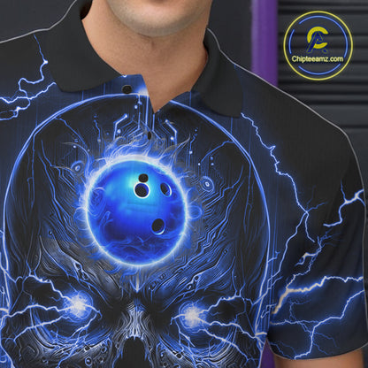 Personalized Lightning Skull Blue Bowling Shirt For Men, Bowling Team Jersey Polo & 1/4 Zip TDM6159