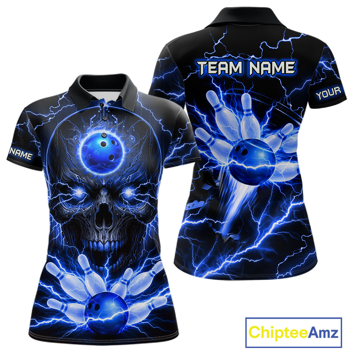 Personalized Lightning Skull Blue Bowling Shirt For Women, Bowling Team Jersey Polo & 1/4 Zip TDM6159