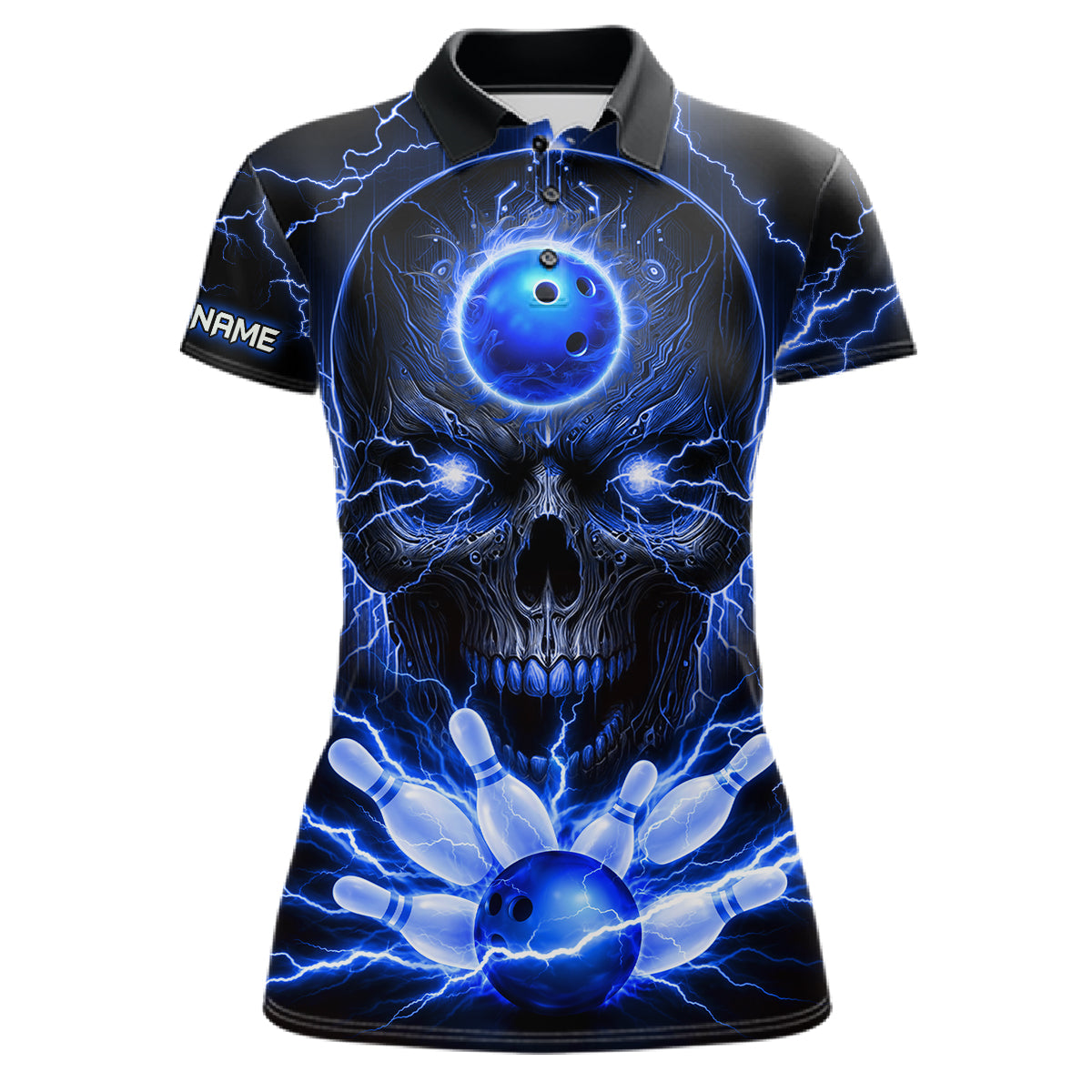 Personalized Lightning Skull Blue Bowling Shirt For Women, Bowling Team Jersey Polo & 1/4 Zip TDM6159