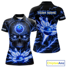Load image into Gallery viewer, Personalized Lightning Skull Blue Bowling Shirt For Women, Bowling Team Jersey Polo &amp; 1/4 Zip TDM6159