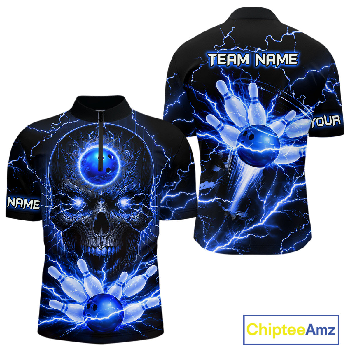 Personalized Lightning Skull Blue Bowling Shirt For Men, Bowling Team Jersey Polo & 1/4 Zip TDM6159