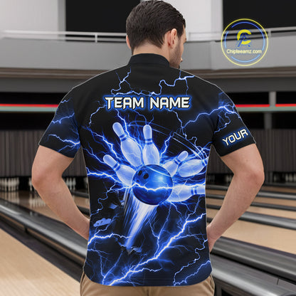 Personalized Lightning Skull Blue Bowling Shirt For Men, Bowling Team Jersey Polo & 1/4 Zip TDM6159