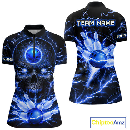 Personalized Lightning Skull Blue Bowling Shirt For Women, Bowling Team Jersey Polo & 1/4 Zip TDM6159