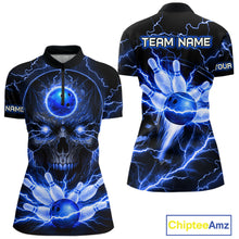 Load image into Gallery viewer, Personalized Lightning Skull Blue Bowling Shirt For Women, Bowling Team Jersey Polo &amp; 1/4 Zip TDM6159