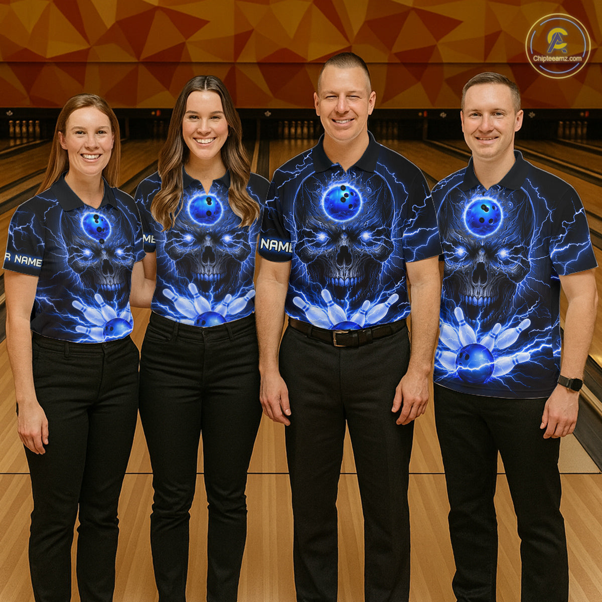 Personalized Lightning Skull Blue Bowling Shirt For Men, Bowling Team Jersey Polo & 1/4 Zip TDM6159